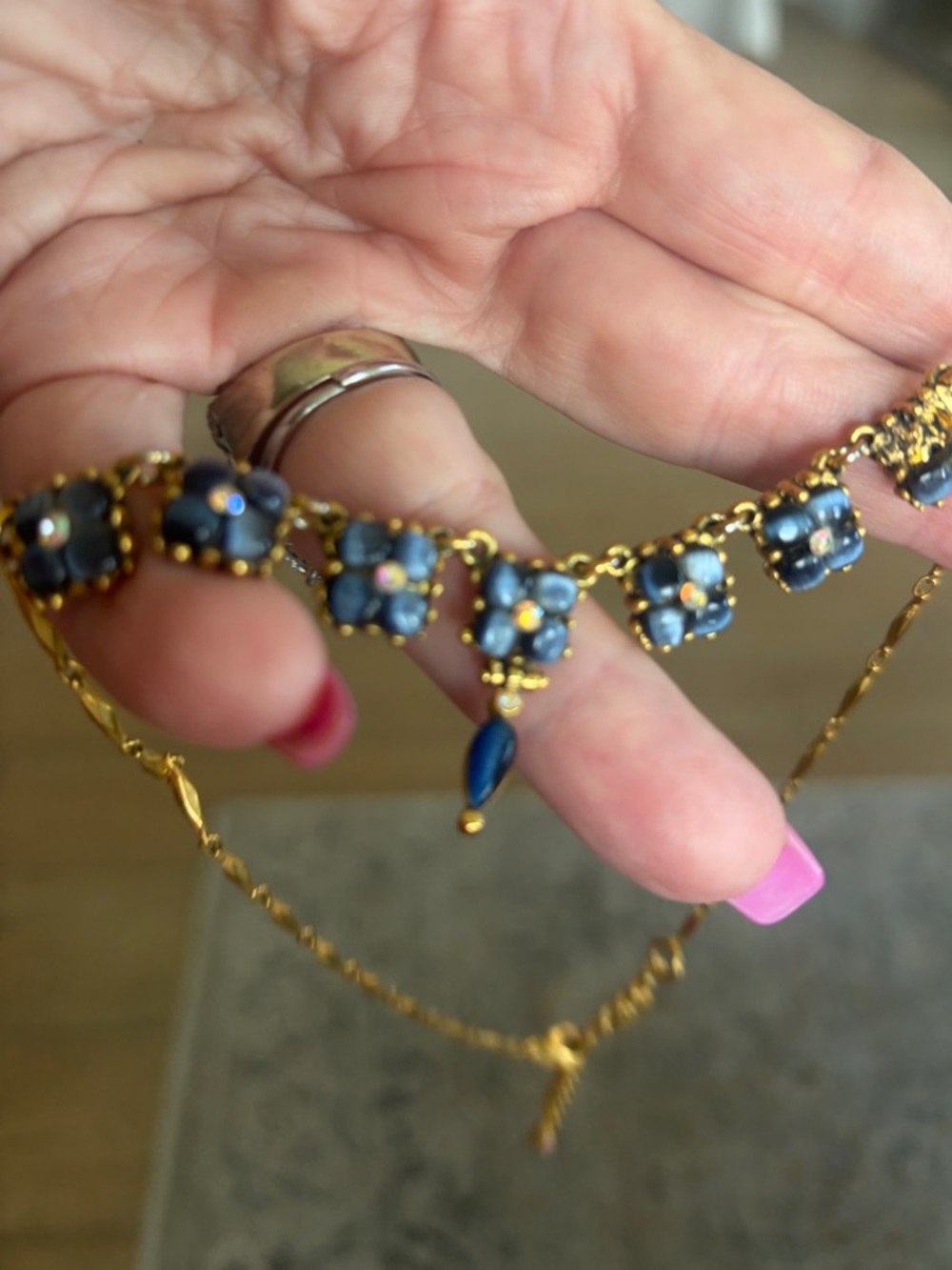 24k coated vintage Paris  Necklace with Blue Crystal Accents. - Picture 5 of 6